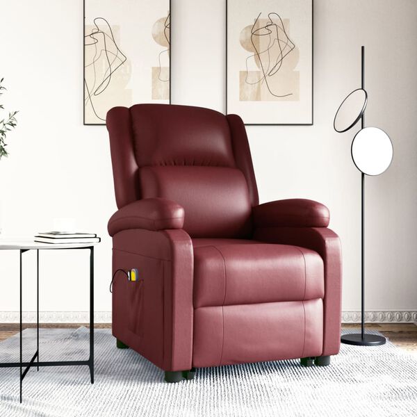 vidaXL Sill&oacute;n de masaje elevable cuero sint&eacute;tico rojo tinto