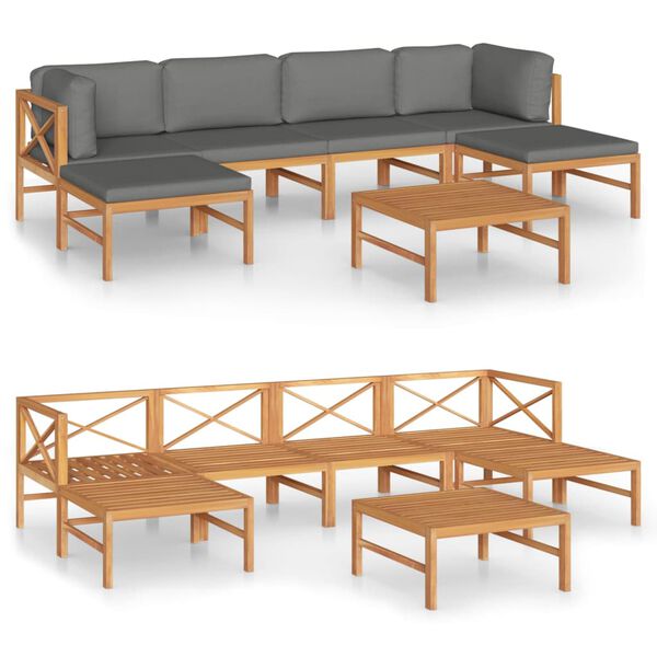 vidaXL Set de muebles de jard&iacute;n 7 pzas madera de teca y cojines gris
