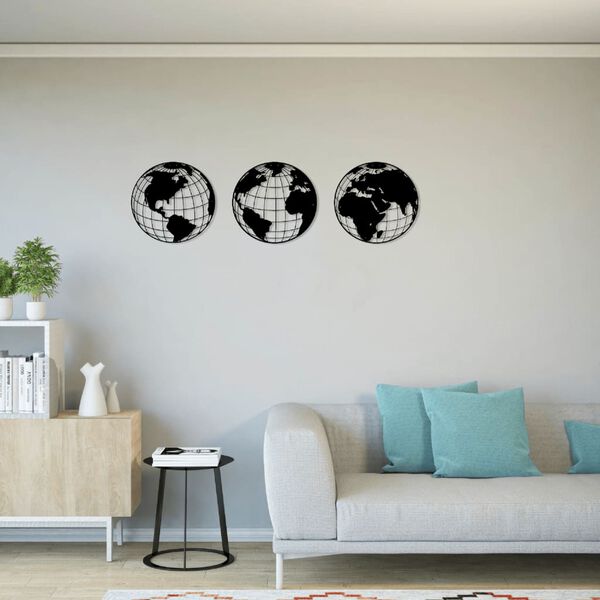 Homemania Adorno de pared mapa del mundo acero negro 140x41 cm