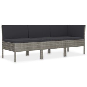 vidaXL Set de muebles de jard&iacute;n 3 pzas y cojines rat&aacute;n sint&eacute;tico gris