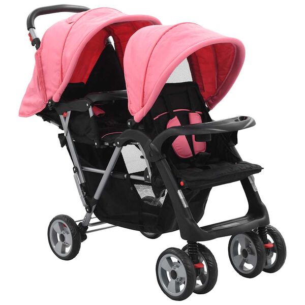 vidaXL Carrito para 2 ni&ntilde;os tandem de acero rosa y negro