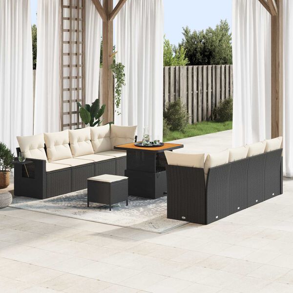 vidaXL Conjunto de sof&aacute; de jard&iacute;n 11 pcs Negro y crema rat&aacute;n sint&eacute;tico