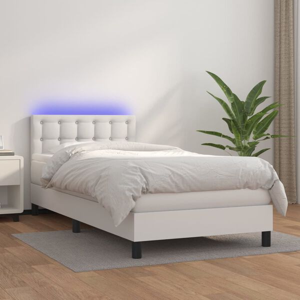 vidaXL Cama box spring y colchón LED cuero sintético blanco 80x200 cm