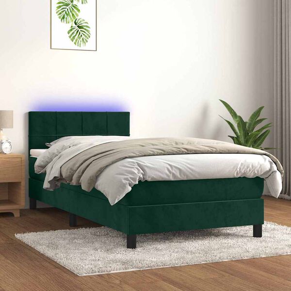 vidaXL Cama box spring colch&oacute;n y LED terciopelo verde oscuro 100x200cm