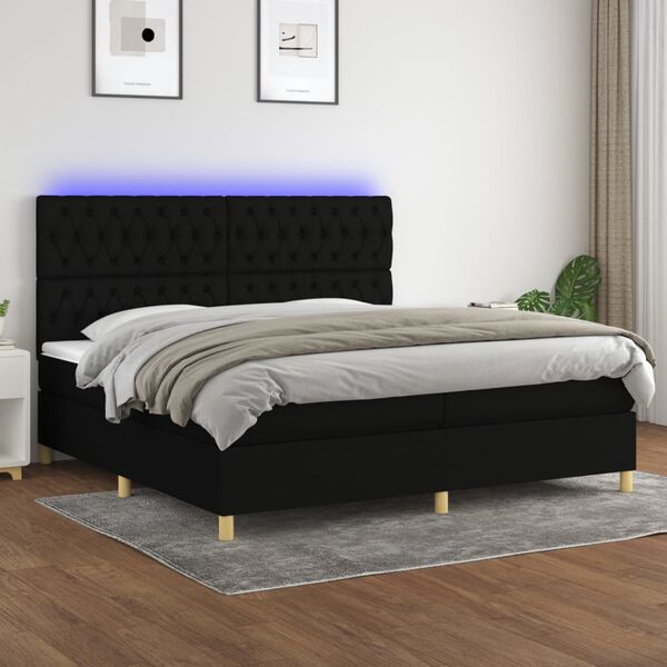 vidaXL Cama box spring colch&oacute;n y luces LED tela negro 200x200 cm