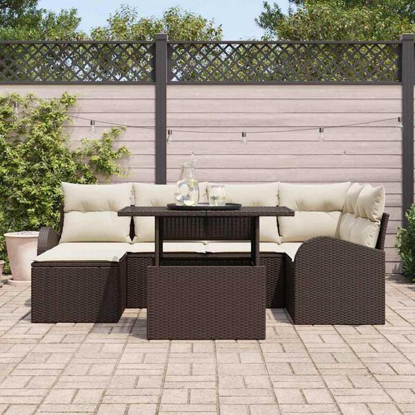vidaXL Conjunto de sof&aacute; de jard&iacute;n 7 pcs Marr&oacute;n Polirat&aacute;n