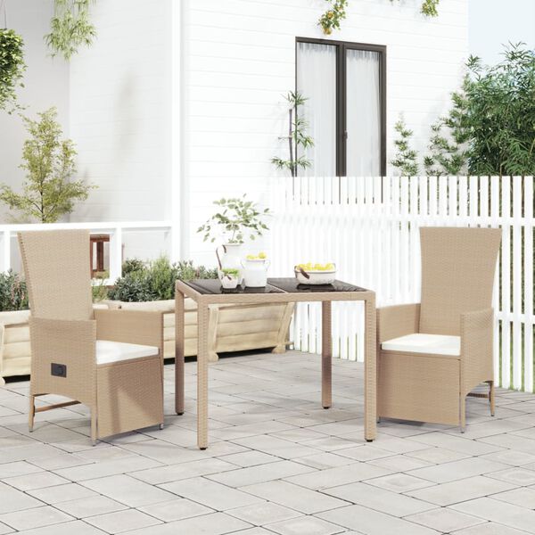 vidaXL Set comedor de jard&iacute;n 3 pzas con cojines rat&aacute;n sint&eacute;tico beige