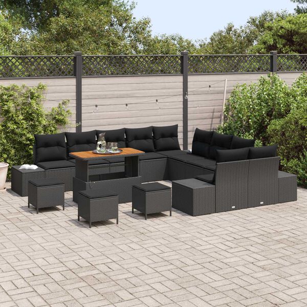 vidaXL Conjunto de sof&aacute; de jard&iacute;n con coj&iacute;n 14 pcs Negro Polirat&aacute;n