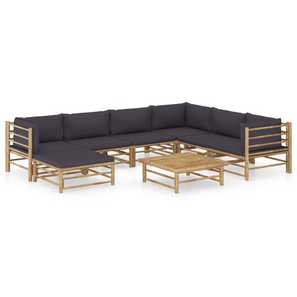 vidaXL Set de muebles de jardín 8 piezas bambú con cojines gris oscuro