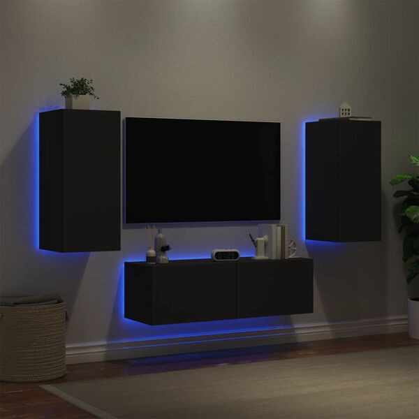 vidaXL Muebles de TV de pared con luces LED 3 piezas negro