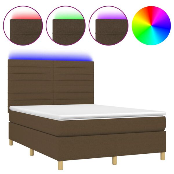 vidaXL Cama box spring colch&oacute;n luces LED tela marr&oacute;n oscuro 140x200cm