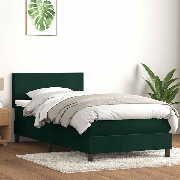 vidaXL Cama box spring con colch&oacute;n y LED terciopelo verde oscuro 90x220 cm