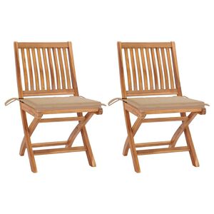 vidaXL Sillas plegables (2 unidades) con cojines beige, de madera maciza de teca.
