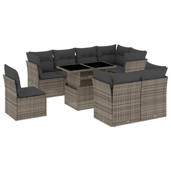 vidaXL Set de muebles de jard&iacute;n 9 pzas y cojines rat&aacute;n sint&eacute;tico gris