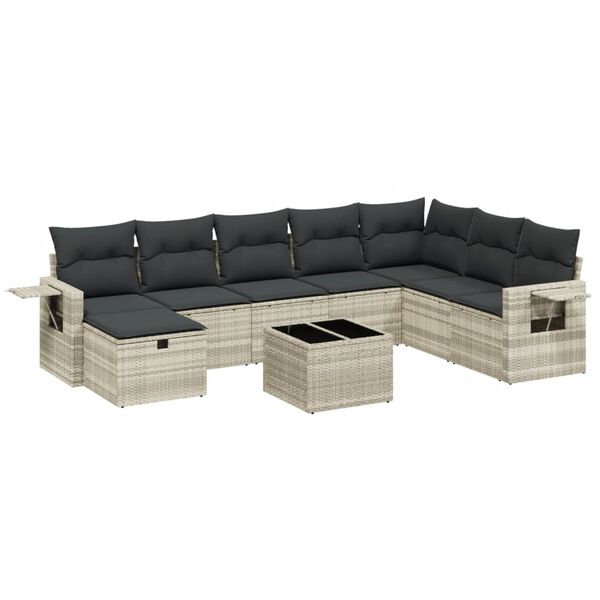 vidaXL Set muebles jard&iacute;n 9 pzas y cojines rat&aacute;n sint&eacute;tico gris claro