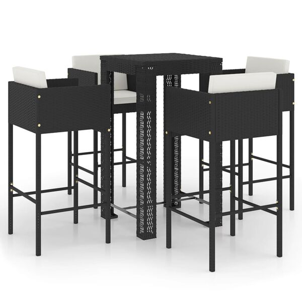 vidaXL Set muebles bar jardín 5 piezas y cojines ratán sintético negro
