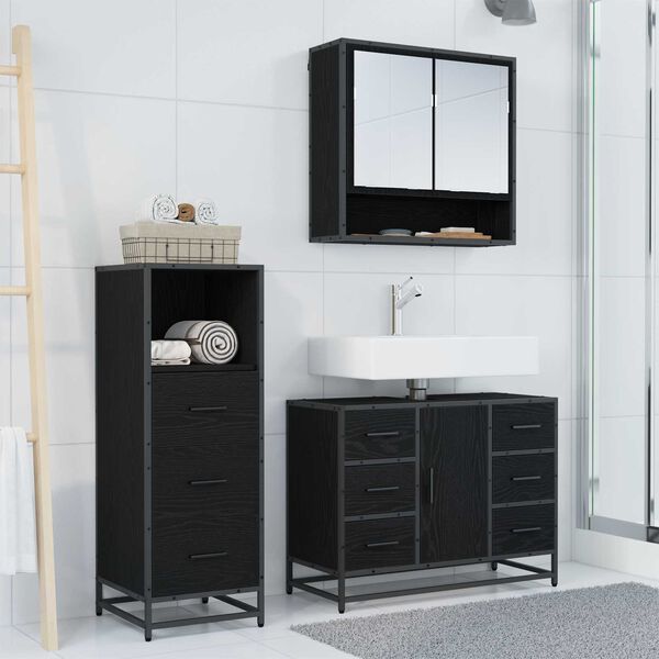 vidaXL Juego de muebles de ba&ntilde;o 3 pcs Roble Negro Madera de ingenier&iacute;a