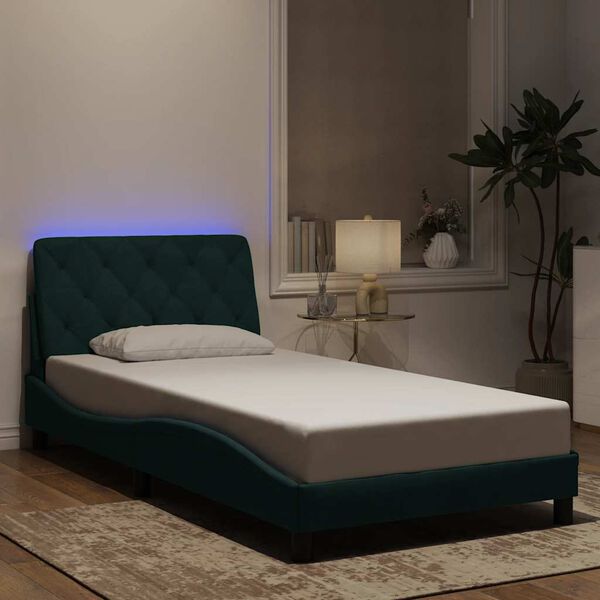 vidaXL Estructura de cama con LED sin colch&oacute;n terciopelo verde oscuro 100x200 cm