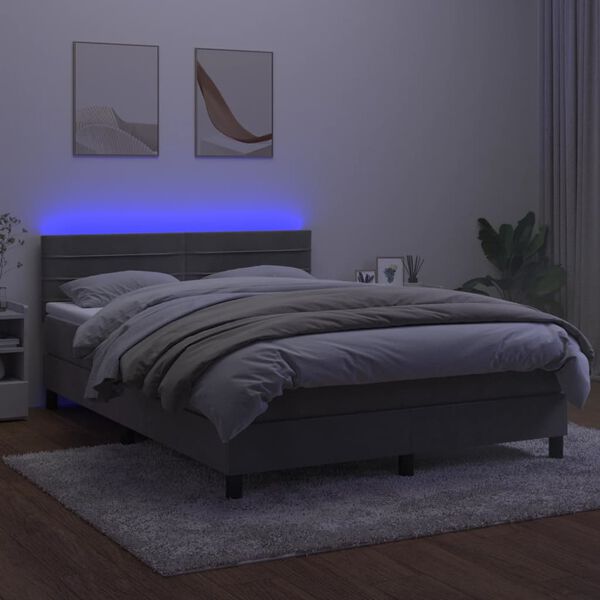vidaXL Cama box spring colch&oacute;n y LED terciopelo gris claro 140x200 cm
