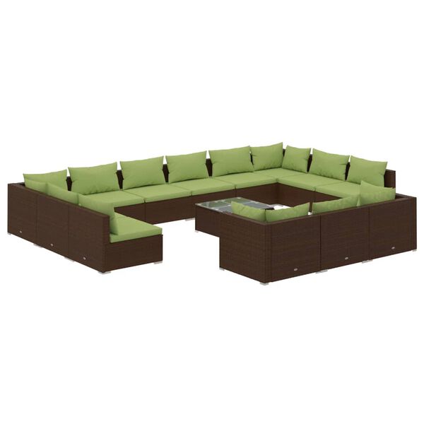 vidaXL Set de muebles de jard&iacute;n 14 pzas y cojines rat&aacute;n PE marr&oacute;n