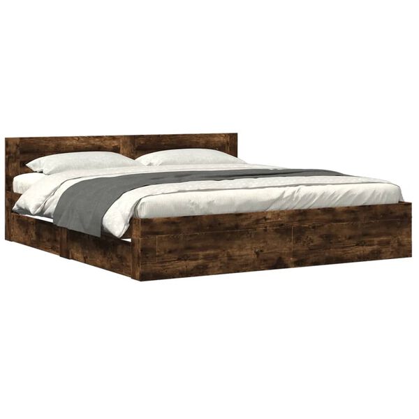 vidaXL Cama con cabecero madera de ingenier&iacute;a roble ahumado 180x200 cm
