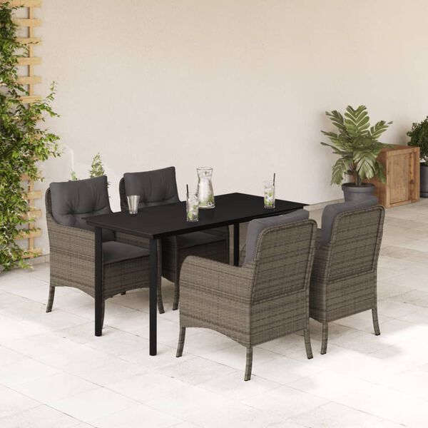 vidaXL Set comedor de jard&iacute;n 5 piezas con cojines rat&aacute;n sint&eacute;tico gris