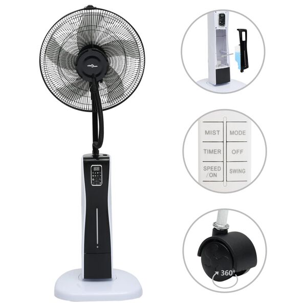 vidaXL Ventilador nebulizador de pie y mando a distancia blanco negro