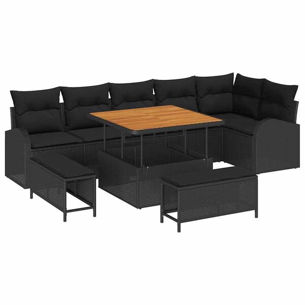 vidaXL Conjunto de sof&aacute; de jard&iacute;n con coj&iacute;n con almohada 9 pcs Negro