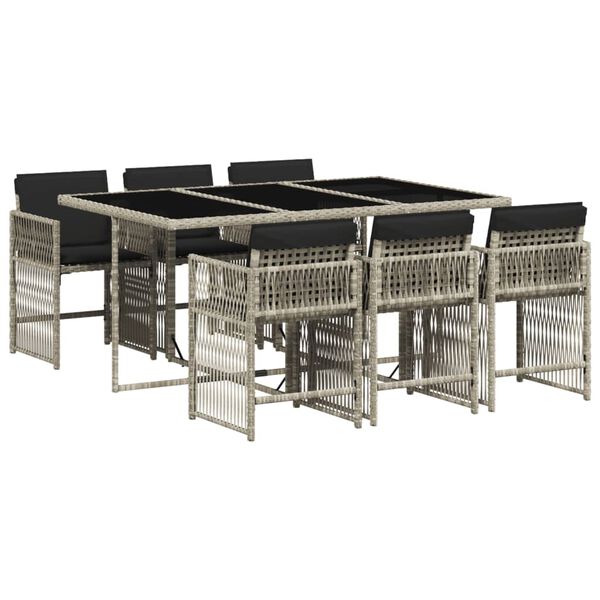 vidaXL Set comedor jard&iacute;n 7 pzas y cojines rat&aacute;n sint&eacute;tico gris claro