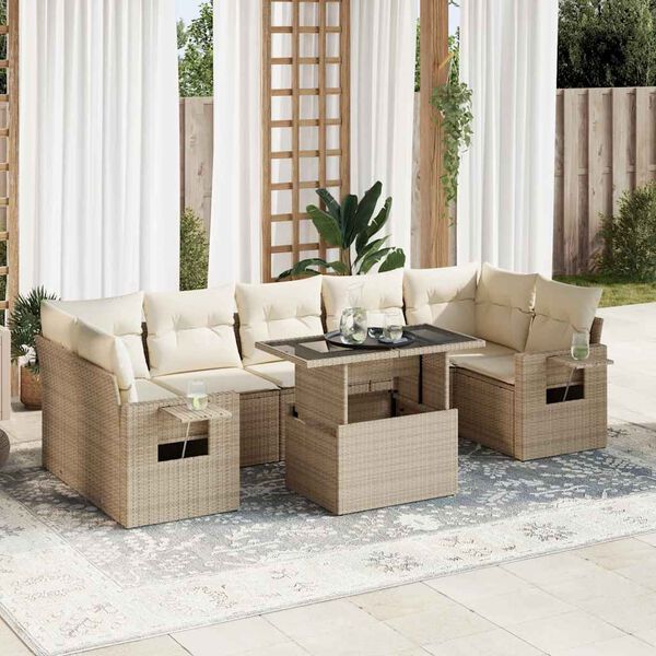 vidaXL Set de sof&aacute;s de jard&iacute;n y cojines 8 piezas rat&aacute;n sint&eacute;tico beige