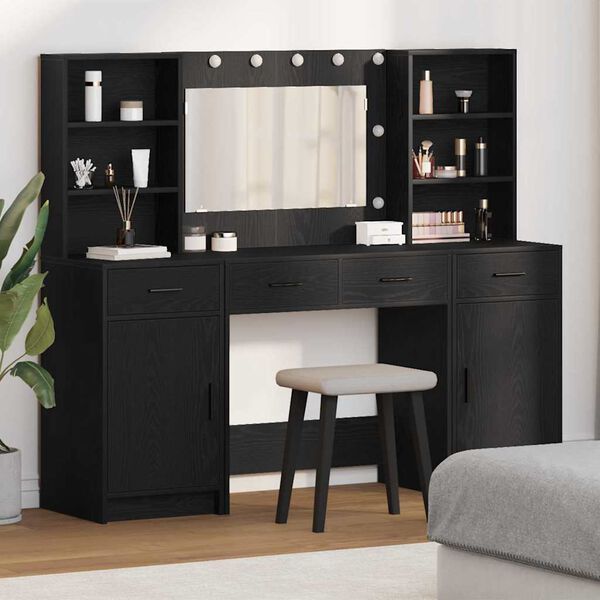 vidaXL Conjunto de mesa de vestidor con LED 3 pcs Roble Negro