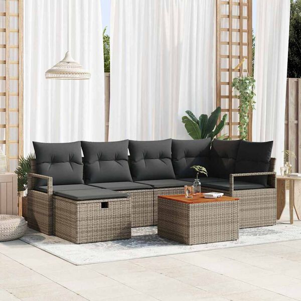 vidaXL Conjunto de sof&aacute; de jard&iacute;n con coj&iacute;n 7 pcs Gris Polirat&aacute;n