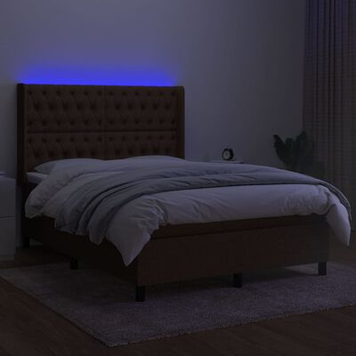 vidaXL Cama box spring colchón luces LED tela marrón oscuro 140x200cm