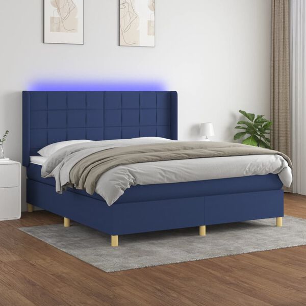 vidaXL Cama box spring colch&oacute;n y luces LED tela azul 180x200 cm