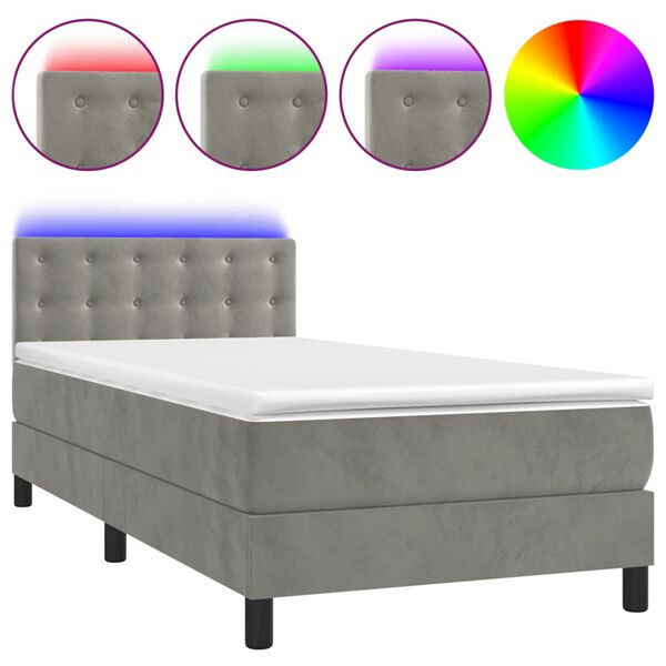 vidaXL Cama box spring colch&oacute;n y LED terciopelo gris claro 80x200 cm
