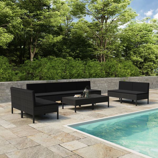 vidaXL Set muebles de jard&iacute;n 10 piezas y cojines rat&aacute;n sint&eacute;tico negro