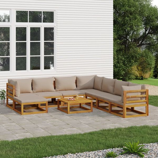 vidaXL Set muebles de jard&iacute;n 9 pzas madera maciza y cojines gris taup&eacute;