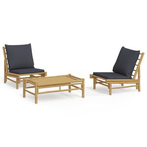 vidaXL Set de muebles de jard&iacute;n 3 piezas bamb&uacute; con cojines gris oscuro