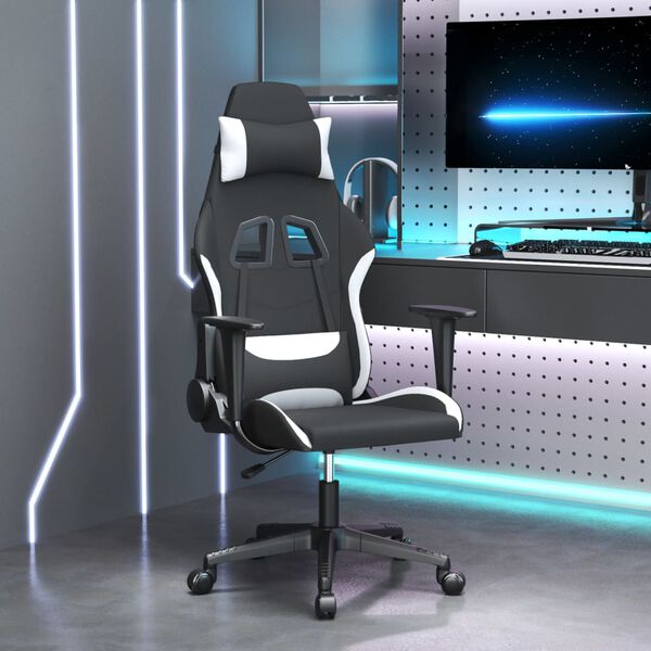 vidaXL Silla gaming de masaje tela negro y blanco