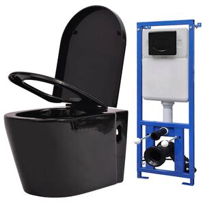 vidaXL Inodoro de pared con cisterna oculta cer&aacute;mica negro