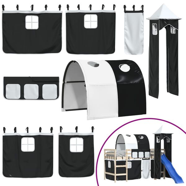 vidaXL Cortinas para cama alta con t&uacute;nel y torre blanco y negro