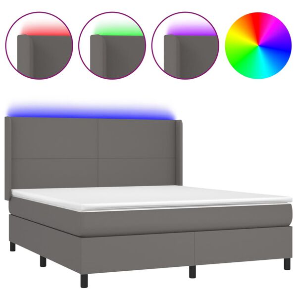 vidaXL Cama box spring colch&oacute;n y LED cuero sint&eacute;tico gris 180x200 cm