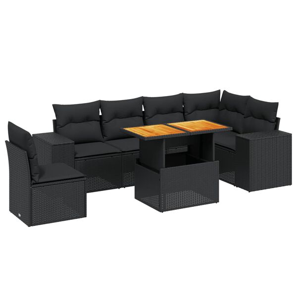 vidaXL Set de comedor de jard&iacute;n 7 pzas y cojines rat&aacute;n sint&eacute;tico negro