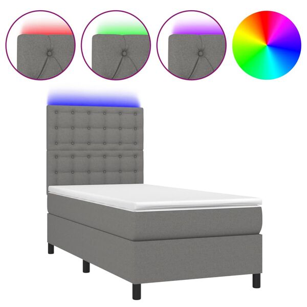 vidaXL Cama box spring colch&oacute;n y luces LED tela gris oscuro 100x200 cm