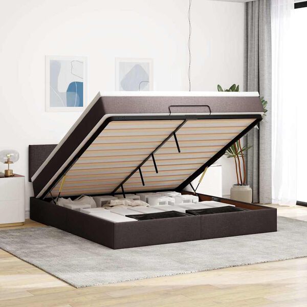 vidaXL Cama otomana con colch&oacute;n y LED tela marr&oacute;n oscuro 180x200cm