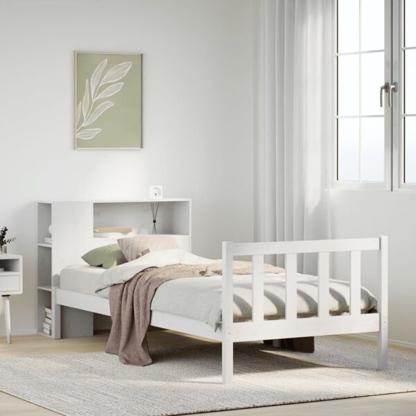 vidaXL Cama con estanter&iacute;a sin colch&oacute;n madera maciza blanco 90x200 cm
