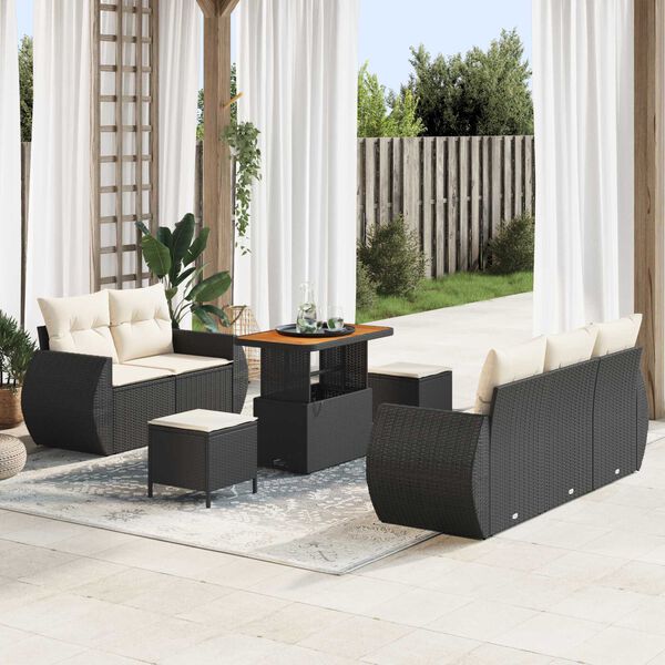 vidaXL Conjunto de sof&aacute; de jard&iacute;n 8 pcs Negro y crema rat&aacute;n sint&eacute;tico