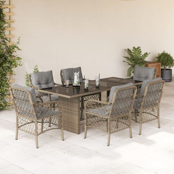 vidaXL Set comedor de jard&iacute;n 7 pzas con cojines rat&aacute;n sint&eacute;tico beige