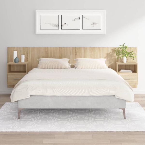 vidaXL Cabecero de cama con mesitas madera contrachapada roble Sonoma