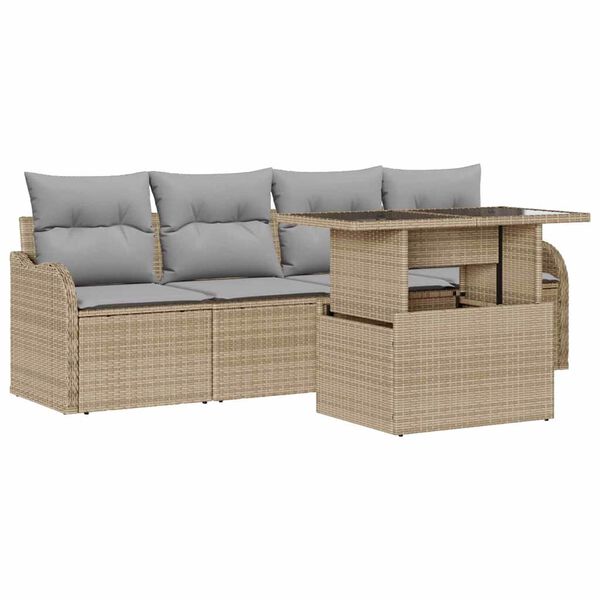 vidaXL Conjunto de sof&aacute; de jard&iacute;n 5 pcs Beige Rattan de Poli&eacute;ster
